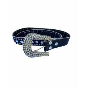Rhinestone Embellished Studded Western Leather Black Belt